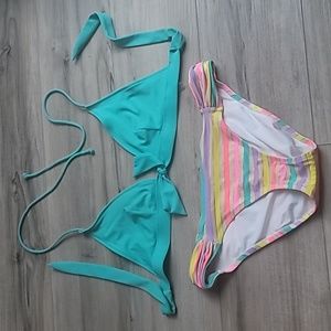 Victoria's Secret Vintage Bikini 👙 Top Teal Size Large Bottoms Striped Size Med